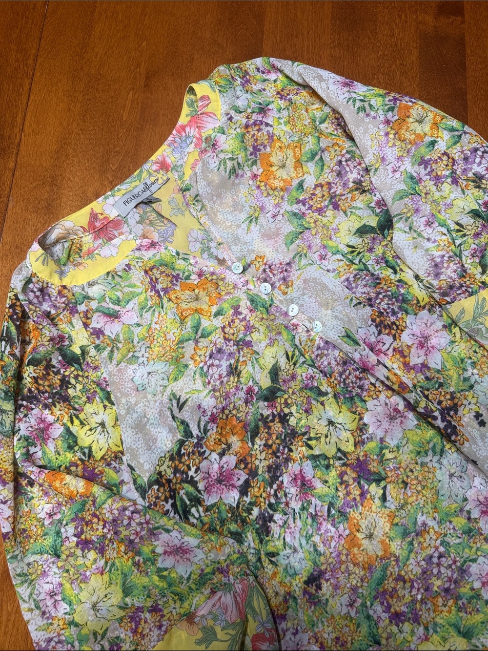 Shear Floral Button-Front Women’s Top in Yellow Mix - Size Small